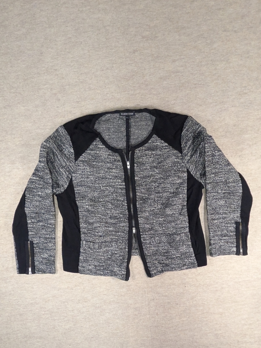 Eileen Fisher Black & Gray Double Zip-Front Knit Cropped Light Jacket Tweed Sz L
